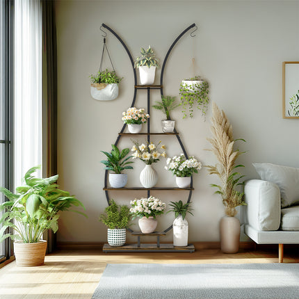 180Cm Tall Plant Stand Indoor Vase-Shape Metal Plant Shelf With Hanging Hooks.