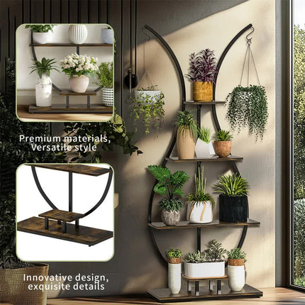 180Cm Tall Plant Stand Indoor Vase-Shape Metal Plant Shelf With Hanging Hooks.