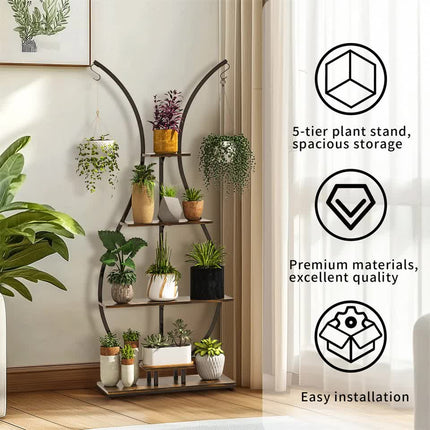 180Cm Tall Plant Stand Indoor Vase-Shape Metal Plant Shelf With Hanging Hooks.