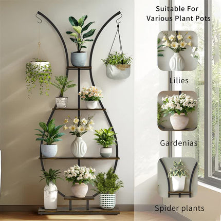 180Cm Tall Plant Stand Indoor Vase-Shape Metal Plant Shelf With Hanging Hooks.