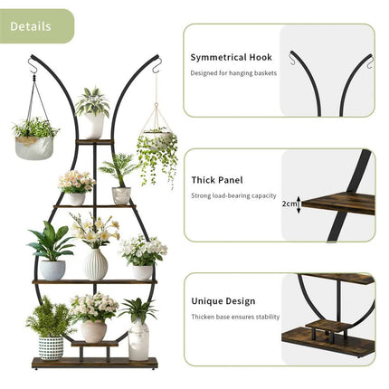 180Cm Tall Plant Stand Indoor Vase-Shape Metal Plant Shelf With Hanging Hooks.