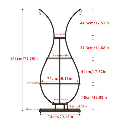180Cm Tall Plant Stand Indoor Vase-Shape Metal Plant Shelf With Hanging Hooks.