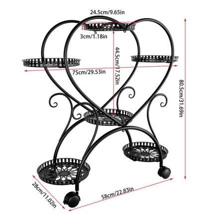 6 Potted Heart-shaped Metal Tall Plant Stand Rolling Garden Cart Flower Racks AU.