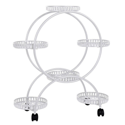 Fin White Metal Plant Stand 6-Potted Flower Pot Holder W Wheels 4 Tier Display Shelf.
