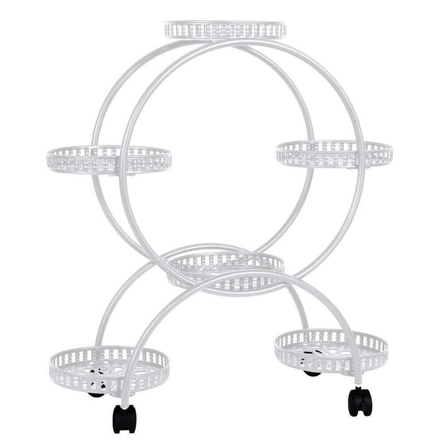 Fin White Metal Plant Stand 6-Potted Flower Pot Holder W Wheels 4 Tier Display Shelf.