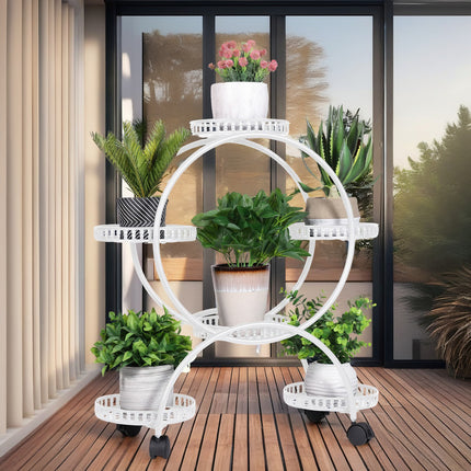 Fin White Metal Plant Stand 6-Potted Flower Pot Holder W Wheels 4 Tier Display Shelf.