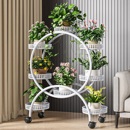 Fin White Metal Plant Stand 6-Potted Flower Pot Holder W Wheels 4 Tier Display Shelf.