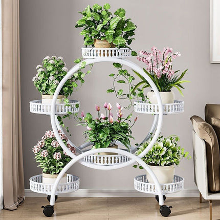 Fin White Metal Plant Stand 6-Potted Flower Pot Holder W Wheels 4 Tier Display Shelf.