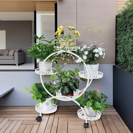 Fin White Metal Plant Stand 6-Potted Flower Pot Holder W Wheels 4 Tier Display Shelf.