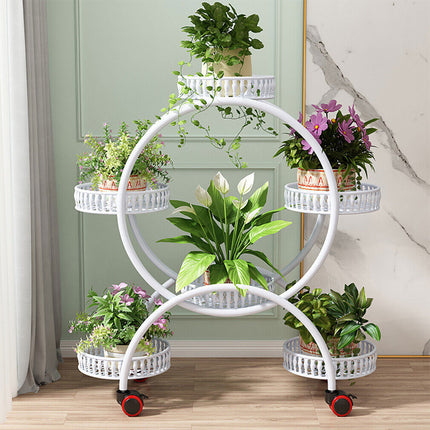 Fin White Metal Plant Stand 6-Potted Flower Pot Holder W Wheels 4 Tier Display Shelf.