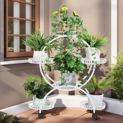 Fin White Metal Plant Stand 6-Potted Flower Pot Holder W Wheels 4 Tier Display Shelf.