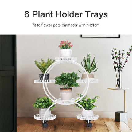 Fin White Metal Plant Stand 6-Potted Flower Pot Holder W Wheels 4 Tier Display Shelf.