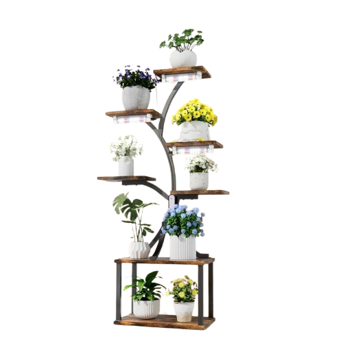Tall Plant Stand with Dimmable Grow Lights, Multi-Tier Tree-Shaped Metal Flower Display Rack for Indoor Plants, Industrial Vintage Home Decor Shelf.
