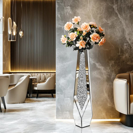 P&P Silver Sparkling Diamond Floor Vase with Glass Inlay for Modern Living Room Decoration.