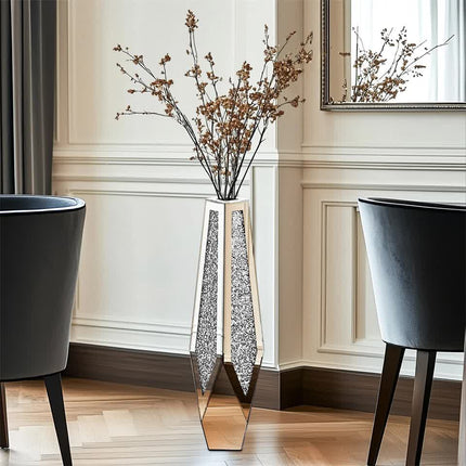 P&P Silver Sparkling Diamond Floor Vase with Glass Inlay for Modern Living Room Decoration.