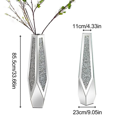 P&P Silver Sparkling Diamond Floor Vase with Glass Inlay for Modern Living Room Decoration.