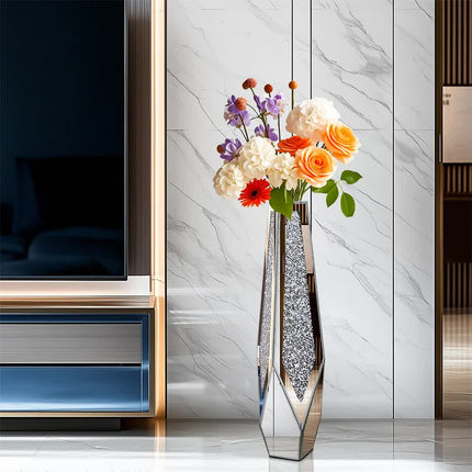 P&P Silver Sparkling Diamond Floor Vase with Glass Inlay for Modern Living Room Decoration.