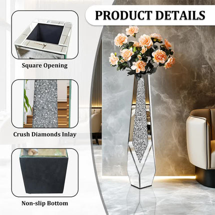P&P Silver Sparkling Diamond Floor Vase with Glass Inlay for Modern Living Room Decoration.