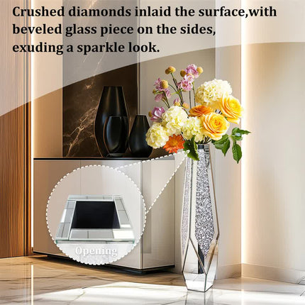 P&P Silver Sparkling Diamond Floor Vase with Glass Inlay for Modern Living Room Decoration.