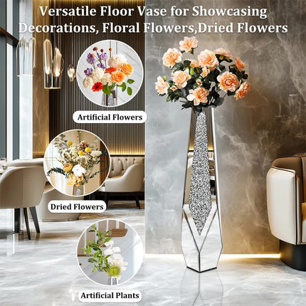 P&P Silver Sparkling Diamond Floor Vase with Glass Inlay for Modern Living Room Decoration.