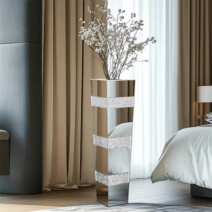 P&P Silver Crushed Diamond Flower Vase with Mirrored Glass for Elegant Home Decoration.