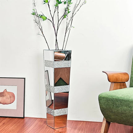 P&P Silver Crushed Diamond Flower Vase with Mirrored Glass for Elegant Home Decoration.