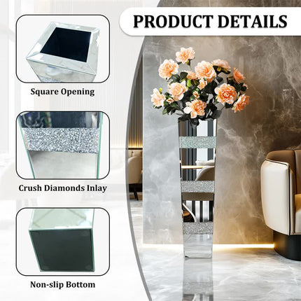 P&P Silver Crushed Diamond Flower Vase with Mirrored Glass for Elegant Home Decoration.