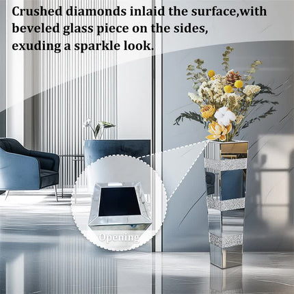 P&P Silver Crushed Diamond Flower Vase with Mirrored Glass for Elegant Home Decoration.