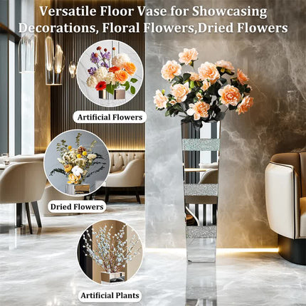 P&P Silver Crushed Diamond Flower Vase with Mirrored Glass for Elegant Home Decoration.