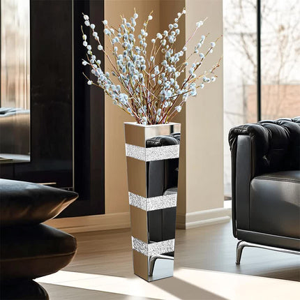 P&P Silver Crushed Diamond Flower Vase with Mirrored Glass for Elegant Home Decoration.