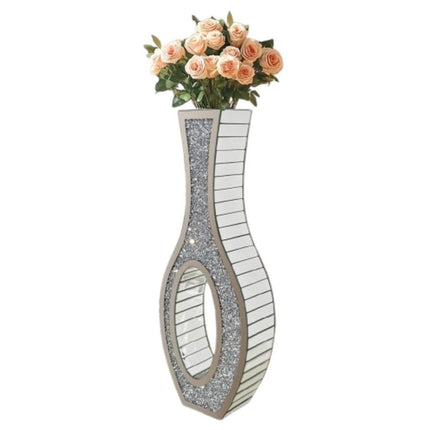 30-Inch Tall Double Sided Crushed Diamond Floor Vase Large Mirrored Silver Crystal Décor.