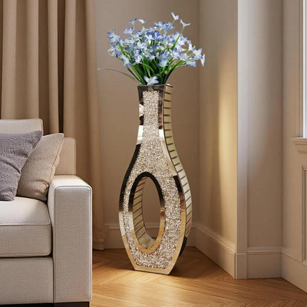 30-Inch Tall Double Sided Crushed Diamond Floor Vase Large Mirrored Silver Crystal Décor.