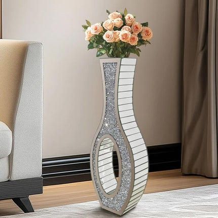 30-Inch Tall Double Sided Crushed Diamond Floor Vase Large Mirrored Silver Crystal Décor.