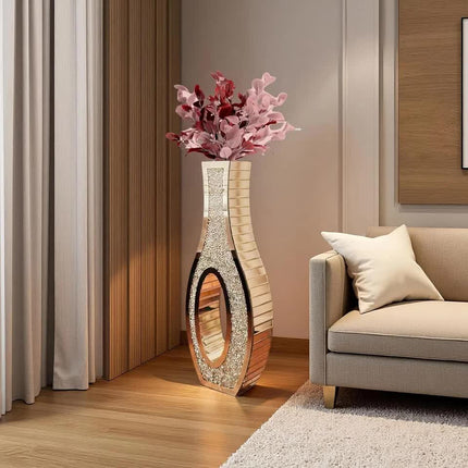 30-Inch Tall Double Sided Crushed Diamond Floor Vase Large Mirrored Silver Crystal Décor.
