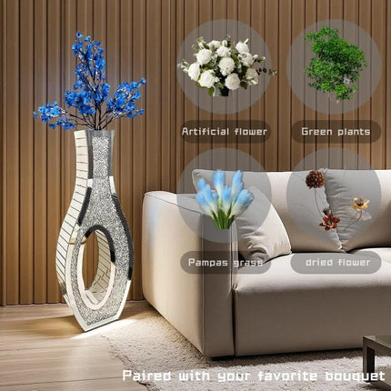 30-Inch Tall Double Sided Crushed Diamond Floor Vase Large Mirrored Silver Crystal Décor.