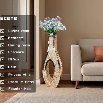 30-Inch Tall Double Sided Crushed Diamond Floor Vase Large Mirrored Silver Crystal Décor.