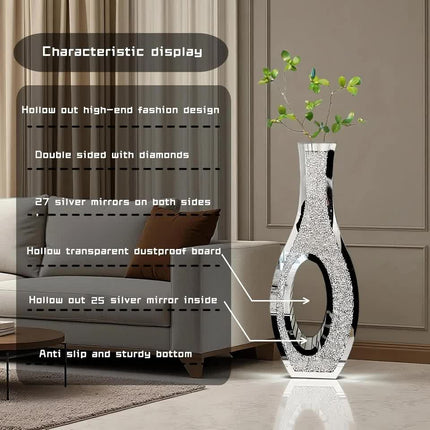 30-Inch Tall Double Sided Crushed Diamond Floor Vase Large Mirrored Silver Crystal Décor.