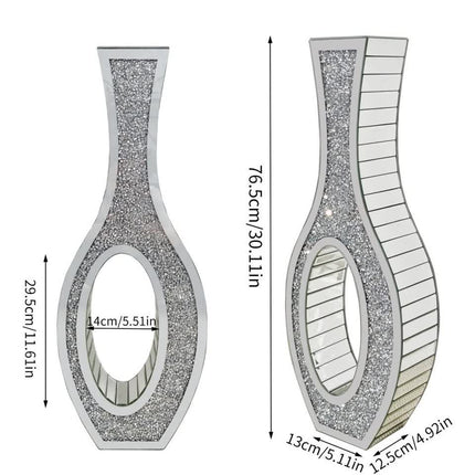 30-Inch Tall Double Sided Crushed Diamond Floor Vase Large Mirrored Silver Crystal Décor.