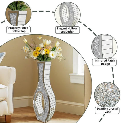 30-Inch Tall Double Sided Crushed Diamond Floor Vase Large Mirrored Silver Crystal Décor.