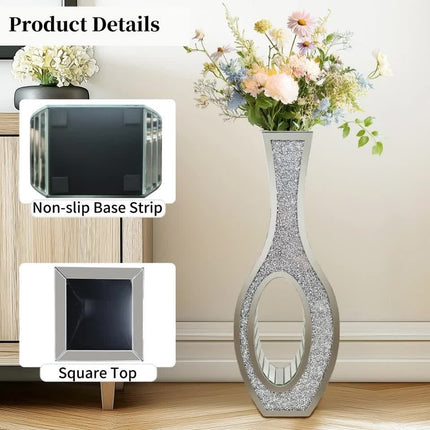 30-Inch Tall Double Sided Crushed Diamond Floor Vase Large Mirrored Silver Crystal Décor.