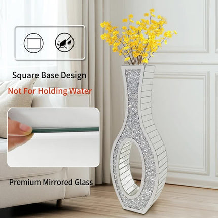 30-Inch Tall Double Sided Crushed Diamond Floor Vase Large Mirrored Silver Crystal Décor.