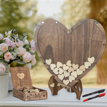 Wedding Guest Book Alternative with Stand+Storage Box+88PCS Wooden Hearts+Pens.