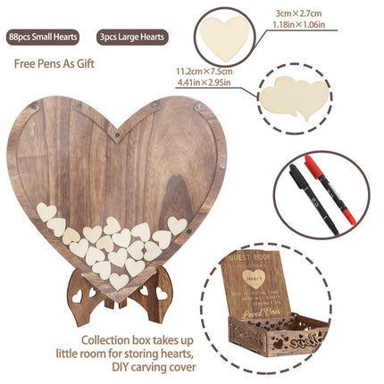 Wedding Guest Book Alternative with Stand+Storage Box+88PCS Wooden Hearts+Pens.