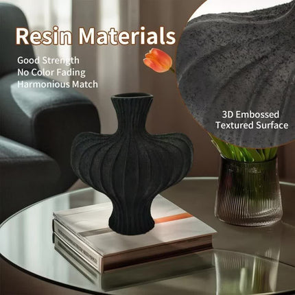 P&P Black Nordic Resin Flower Vase with Textured Design, Boho Wabi-Sabi Artistic Decor.