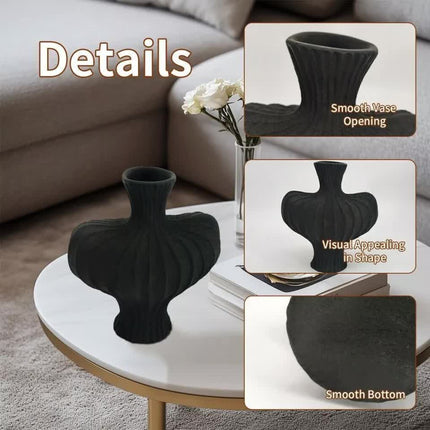 P&P Black Nordic Resin Flower Vase with Textured Design, Boho Wabi-Sabi Artistic Decor.