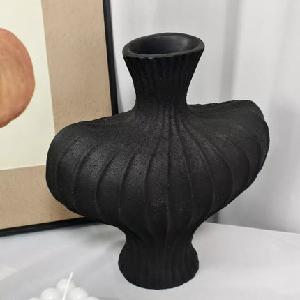 P&P Black Nordic Resin Flower Vase with Textured Design, Boho Wabi-Sabi Artistic Decor.