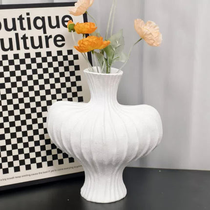 P&P White Nordic Resin Flower Vase with Boho Wabi-Sabi Textured Artistic Design.
