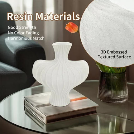 P&P White Nordic Resin Flower Vase with Boho Wabi-Sabi Textured Artistic Design.