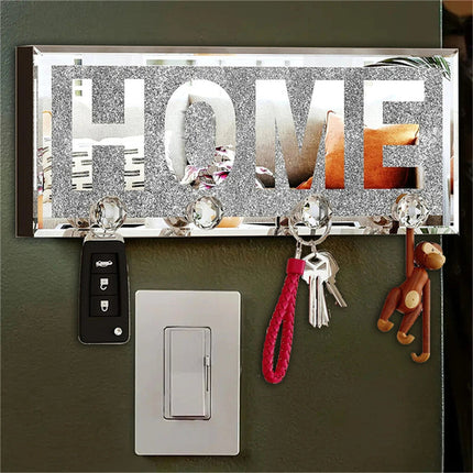 Crushed Diamond Mirrored Wall Mounted Key Hooks Storage Holder HOME Letter Sign Home Decor.