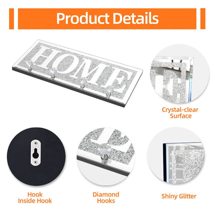 Crushed Diamond Mirrored Wall Mounted Key Hooks Storage Holder HOME Letter Sign Home Decor.